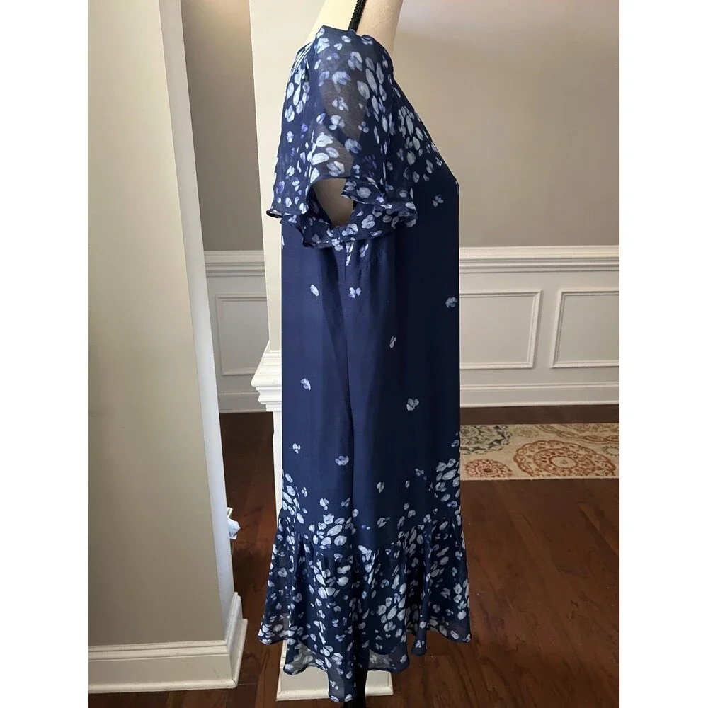 DKNY Flutter Sleeve Sheath Dress w/Ruffle Hem Navy Blue Floral Sz 12